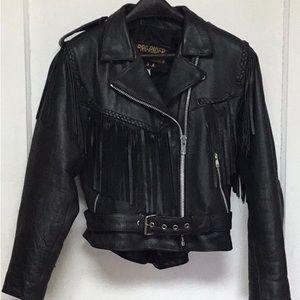 Fringed Biker Leather Jacket one pocket inside two pockets on the outside.